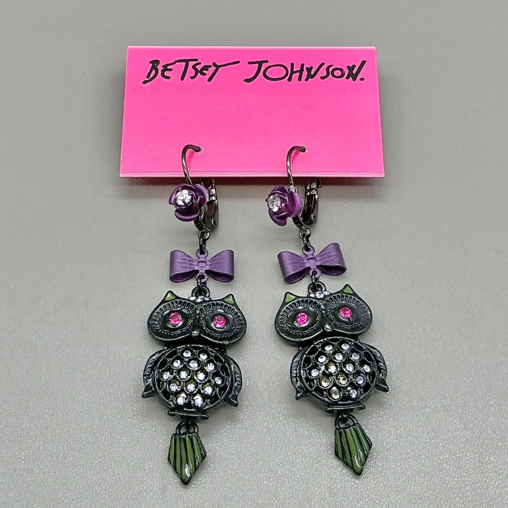 Betsey Johnson Owl Drop Earrings Women Black Purple Bow Flower Crystal Dangle
